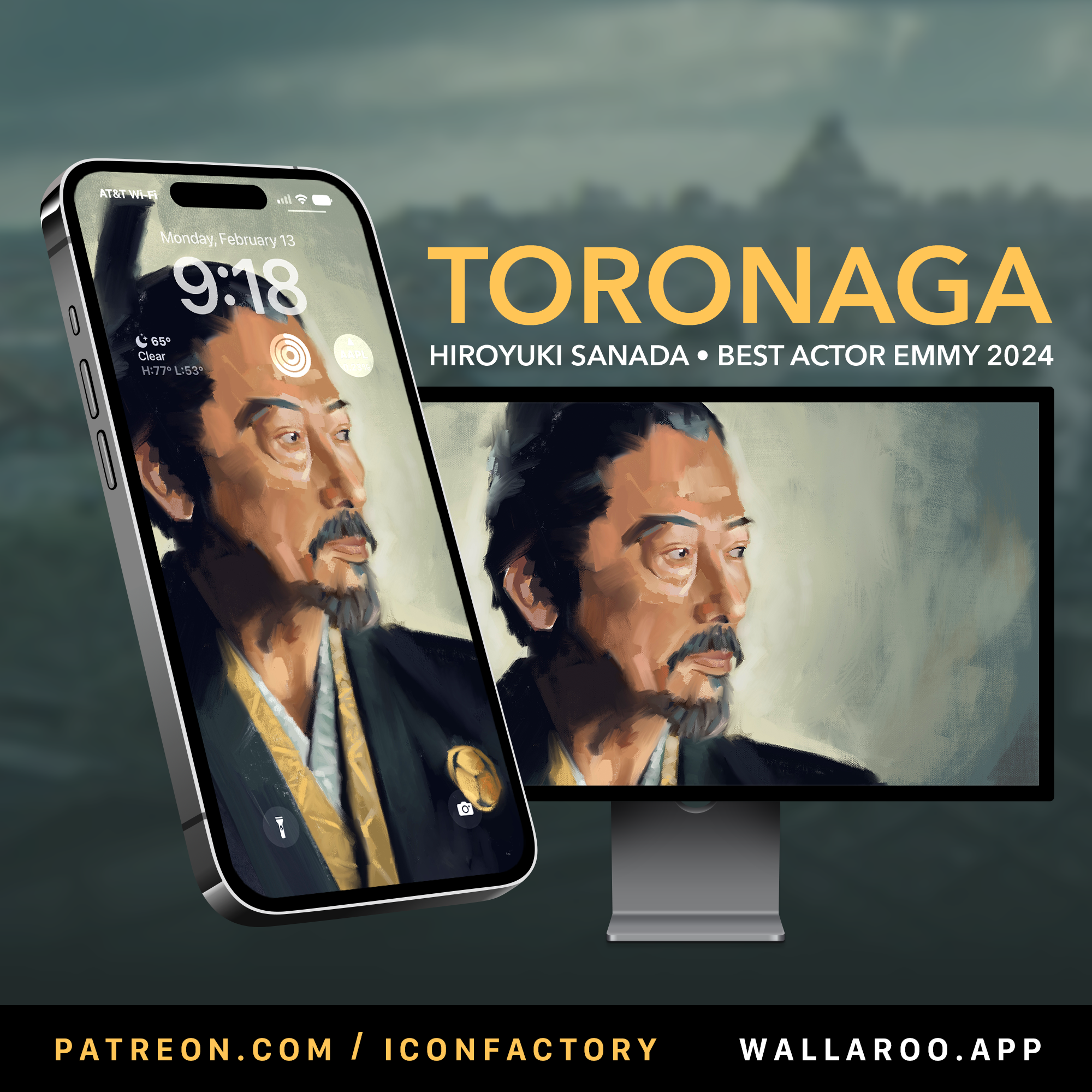 An iPhone and Mac Desktop monitor displaying a digital painted portrait of actor Hiroyuki Sanada as Toronaga from Shōgun looking off into the distance. The text reads patreon.com/iconfactory  wallaroo.app 