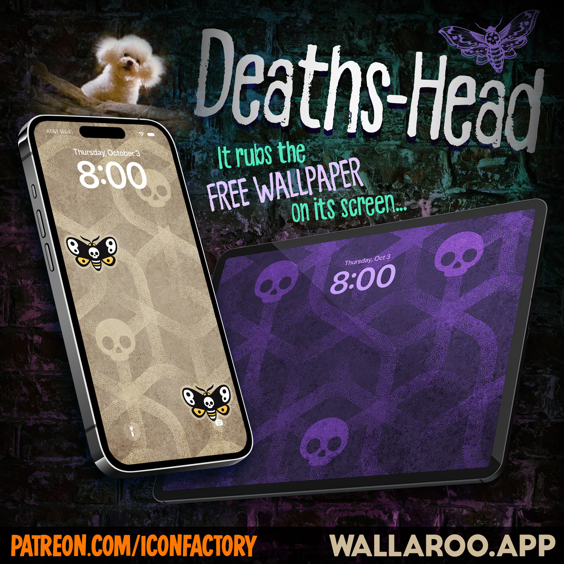 An iPhone and iPad displaying a geometric pattern in beige and purple with nested skulls and Deaths-Head moths inlaid in the pattern. 
&10;
&10;The caption reads: Deaths-Head - It rubs the FREE wallpaper on its screen. Patreon.com/iconfactory and wallaroo.app