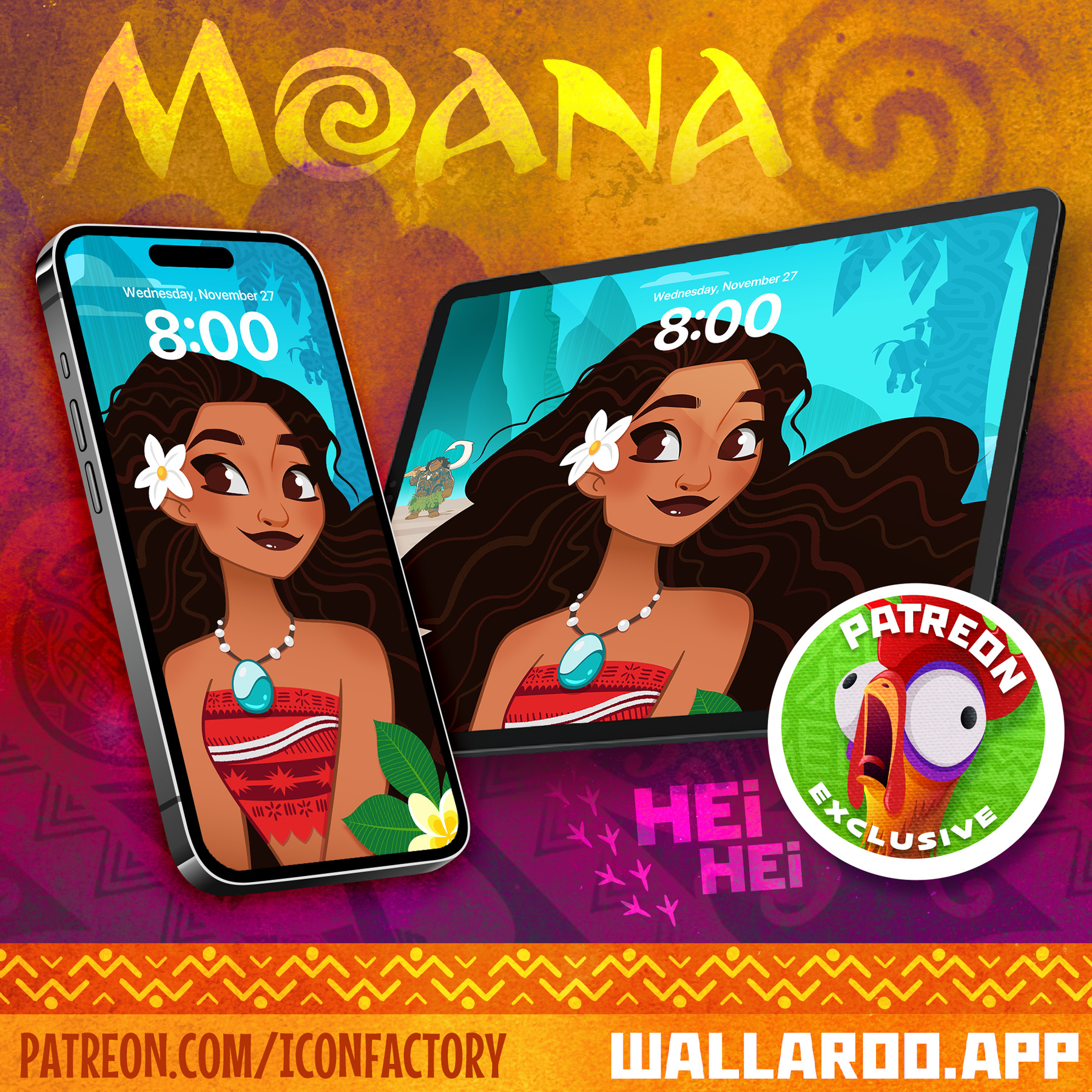 An iPhone and iPad displaying Moana in a tropical island settings. Maui can be seen in the background. An exclusive Heihei wallpaper of the rooster crowing with giant eyes is also included.