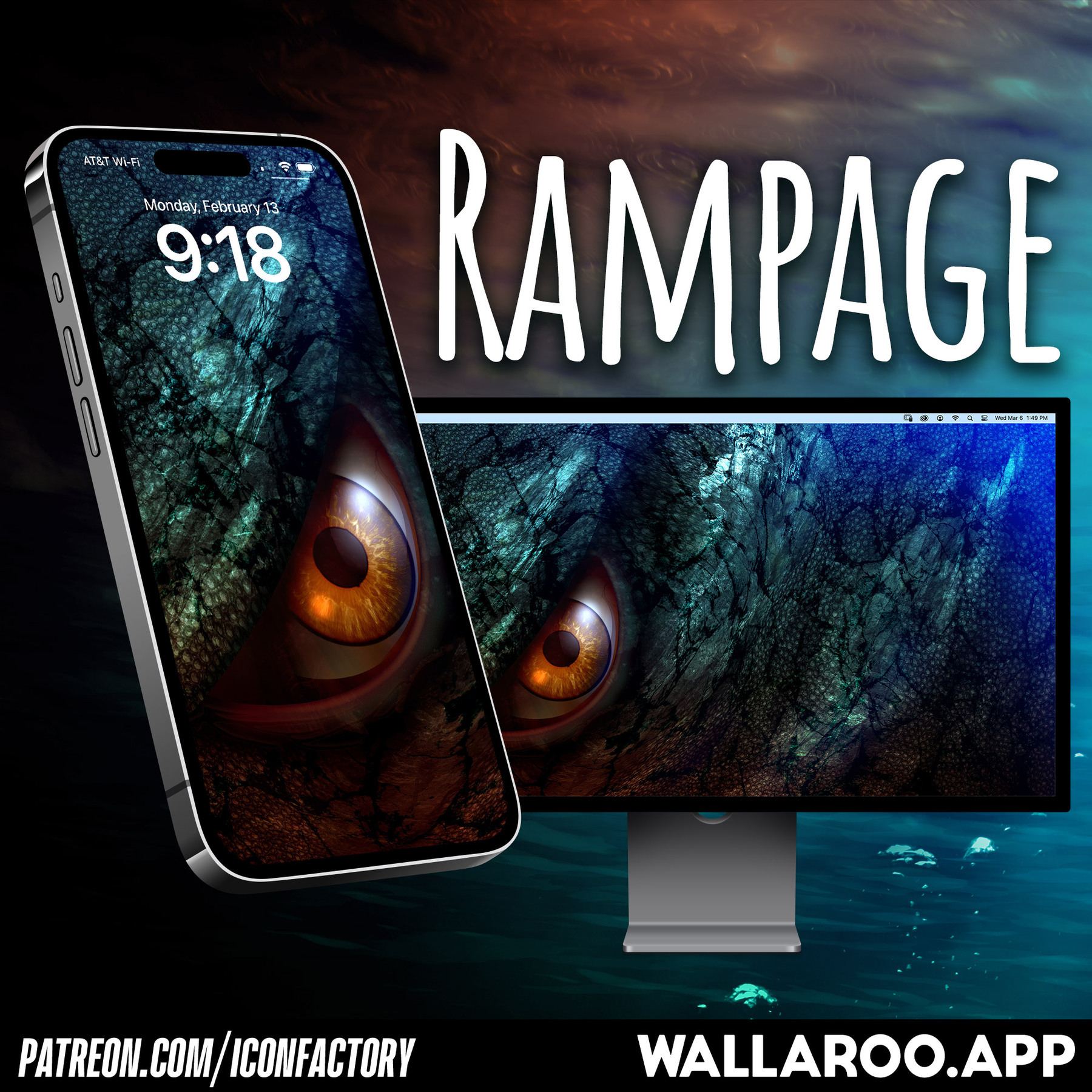 An iPhone and desktop screen displaying a giant, peering eyeball that suspiciously looks like the gaze of a famous Japanese giant lizard. The caption reads: Rampage - patreon.com/iconfactory - wallaroo.app