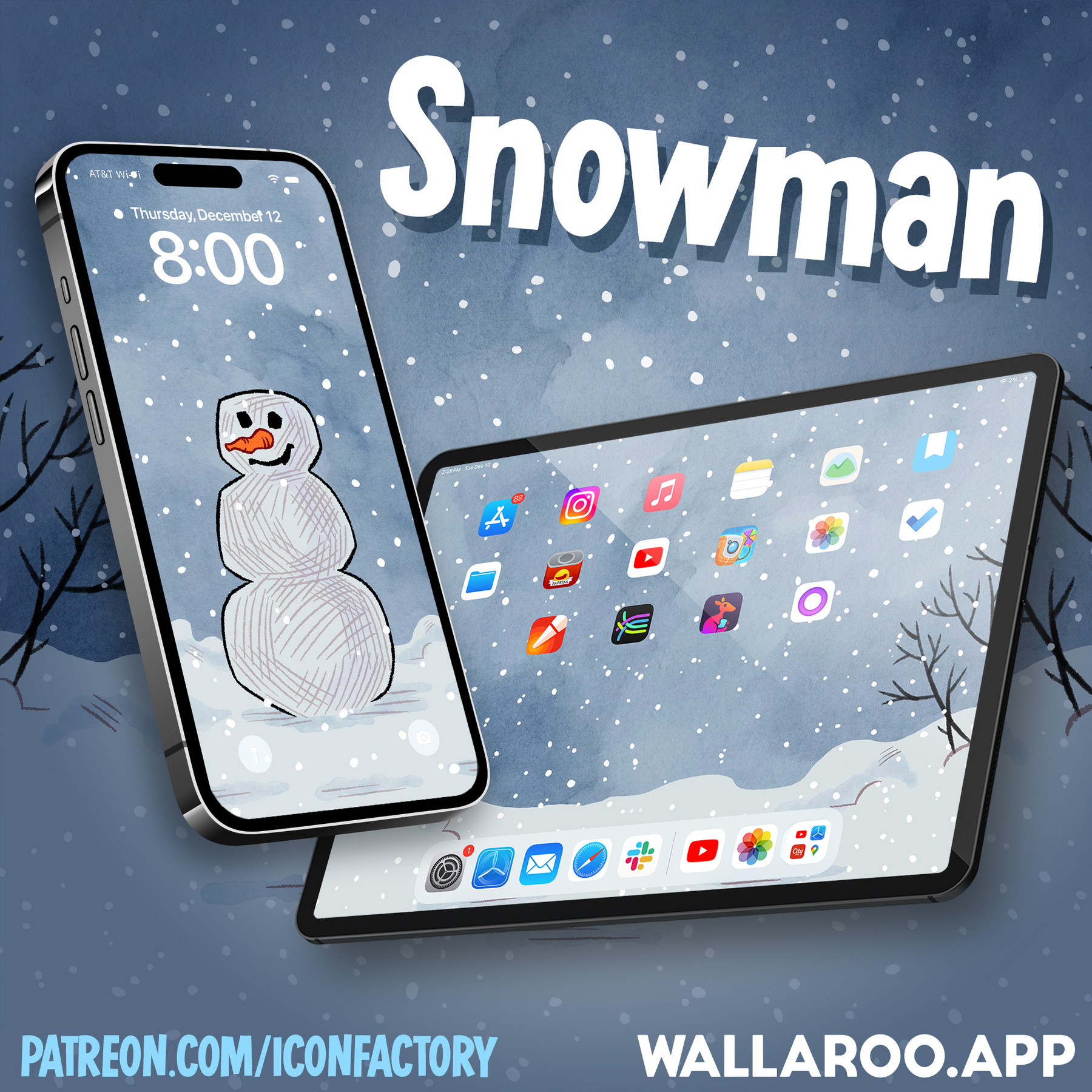 An iPhone and iPad with their wallpapers showing a quaint, snowy scene surrounded by bare trees and featuring a dirty, dusty snowman with a carrot nose.