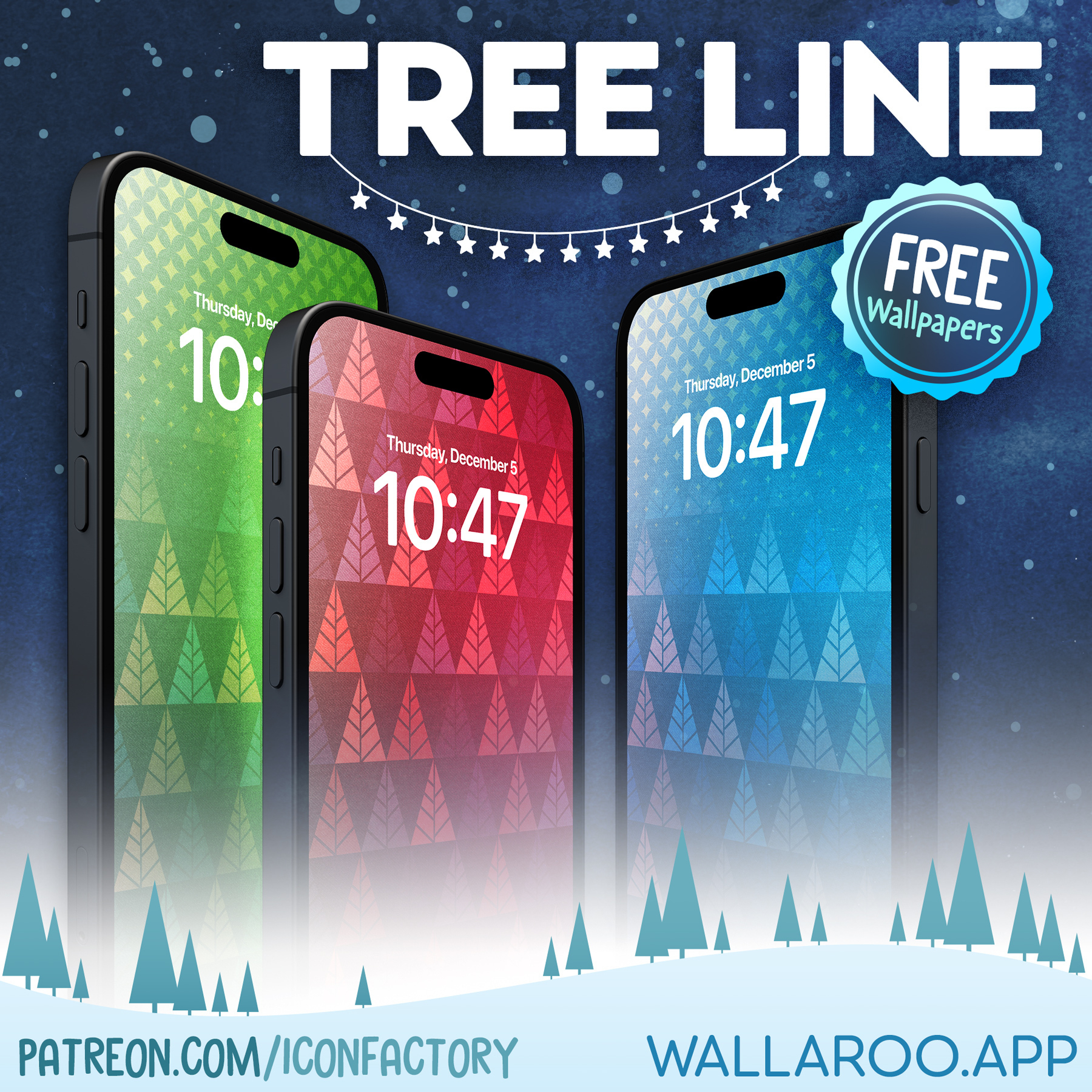 Three iPhones each showing a Lock Screen of graphic pine trees in a geometric pattern in the colors of green, red and blue. The title reads Tree Line and the URL is patreon.com/iconfactory