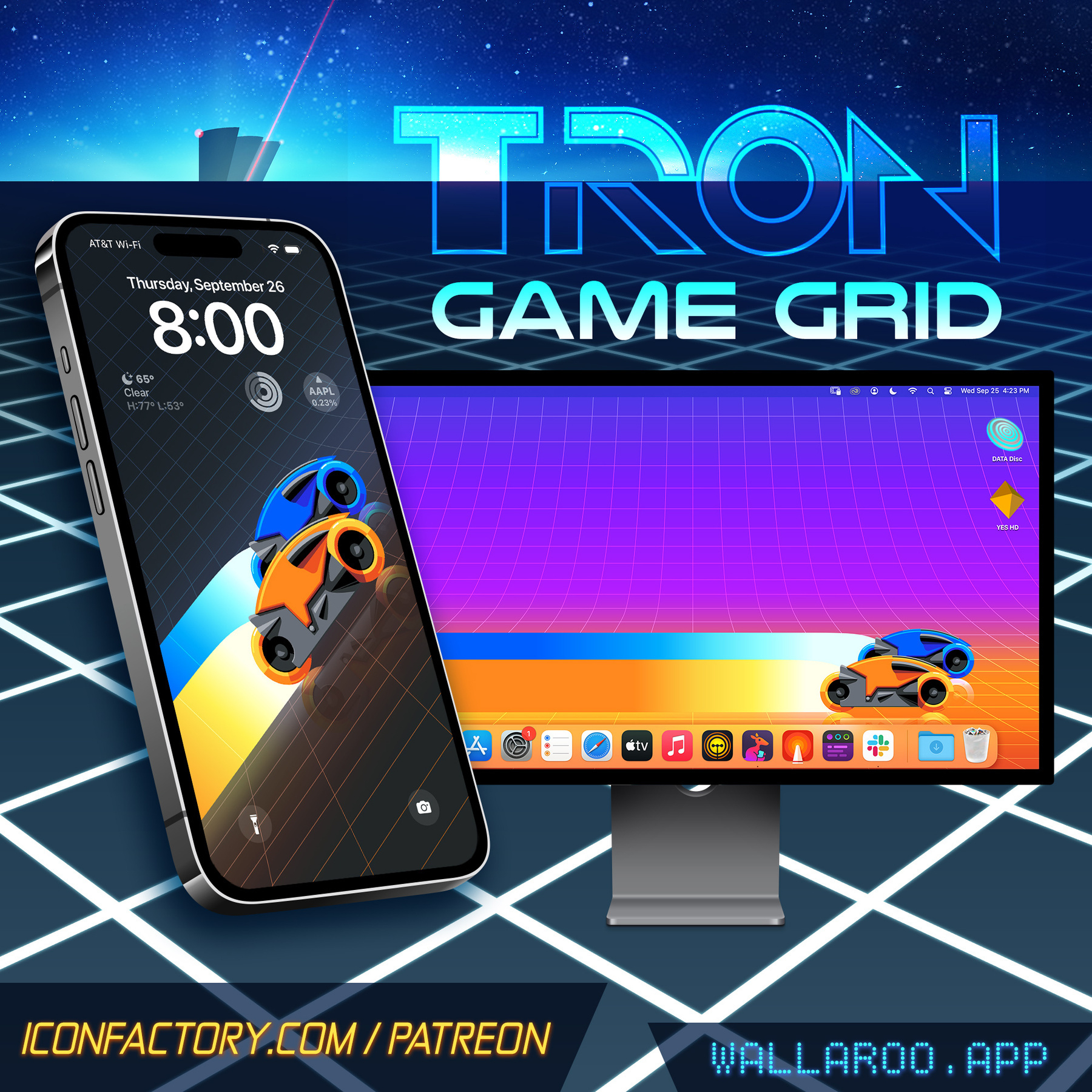 An iPhone and Mac desktop monitor with two racing light cycles, one blue, one orange from the classic 1982 film TRON set on a high-tech grid background.
&10;
&10;The text reads TRON: Game Grid / Iconfactory.com/patreon and wallaroo.app