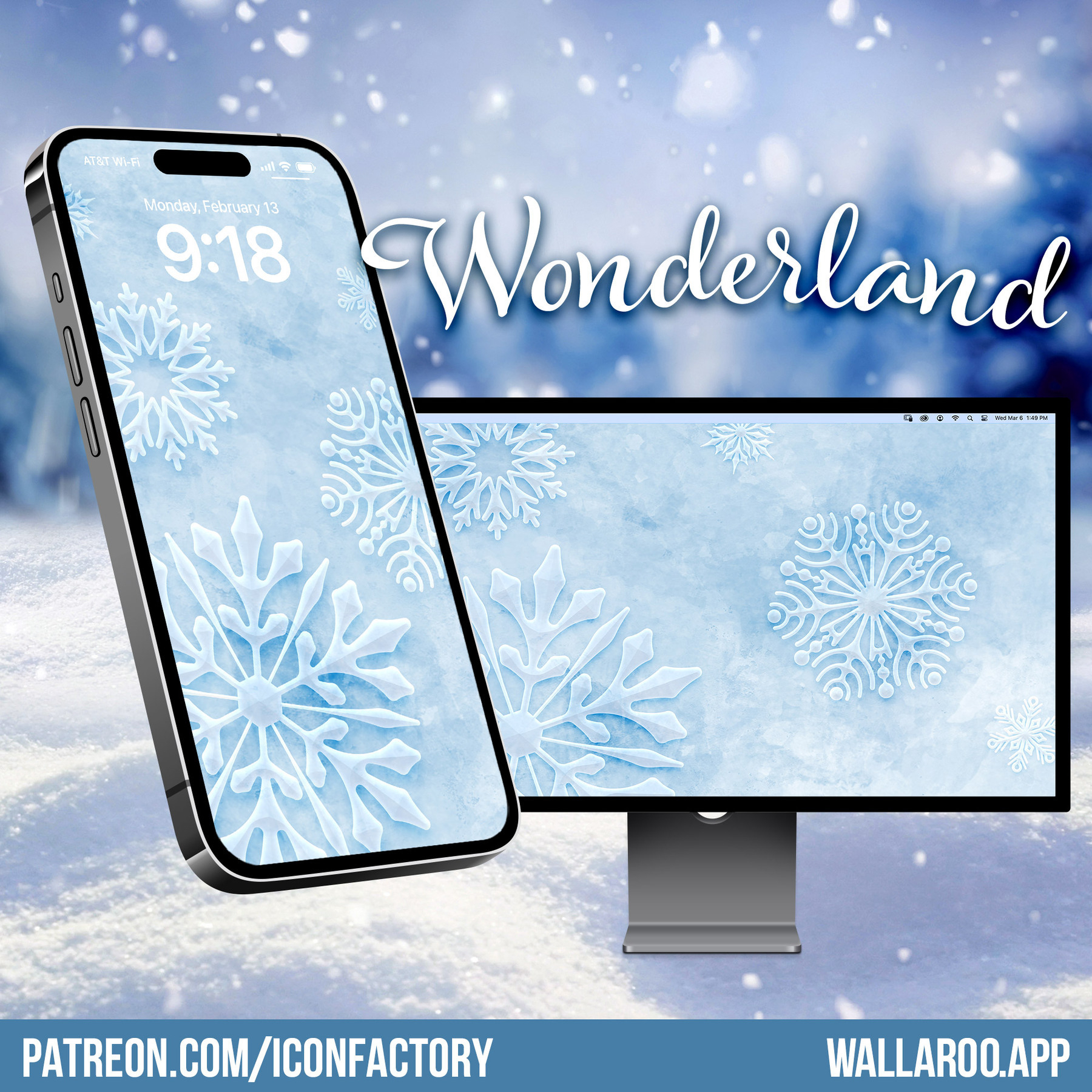 An iPhone Lock Screen and Mac desktop display showing large, crystal-like snowflakes against a wintery white background. The title reads - Wonderland - patreon.com/iconfactory