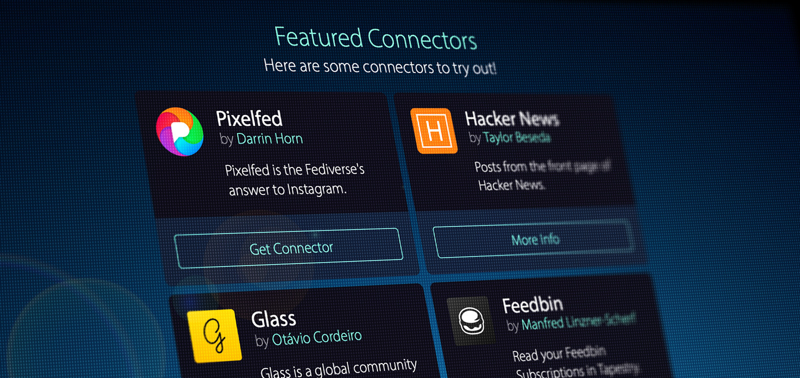 Screenshot showing several third party connectors including Pixelfed, Hacker News, Glass and Feedbin.