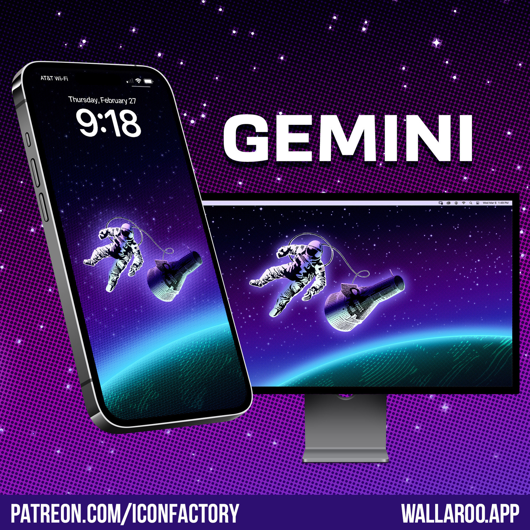 A stylized wallpaper of an astronaut floating in space tethered to the Gemini capsule. The earth glows below. patreon.com/iconfactory - wallaroo.app