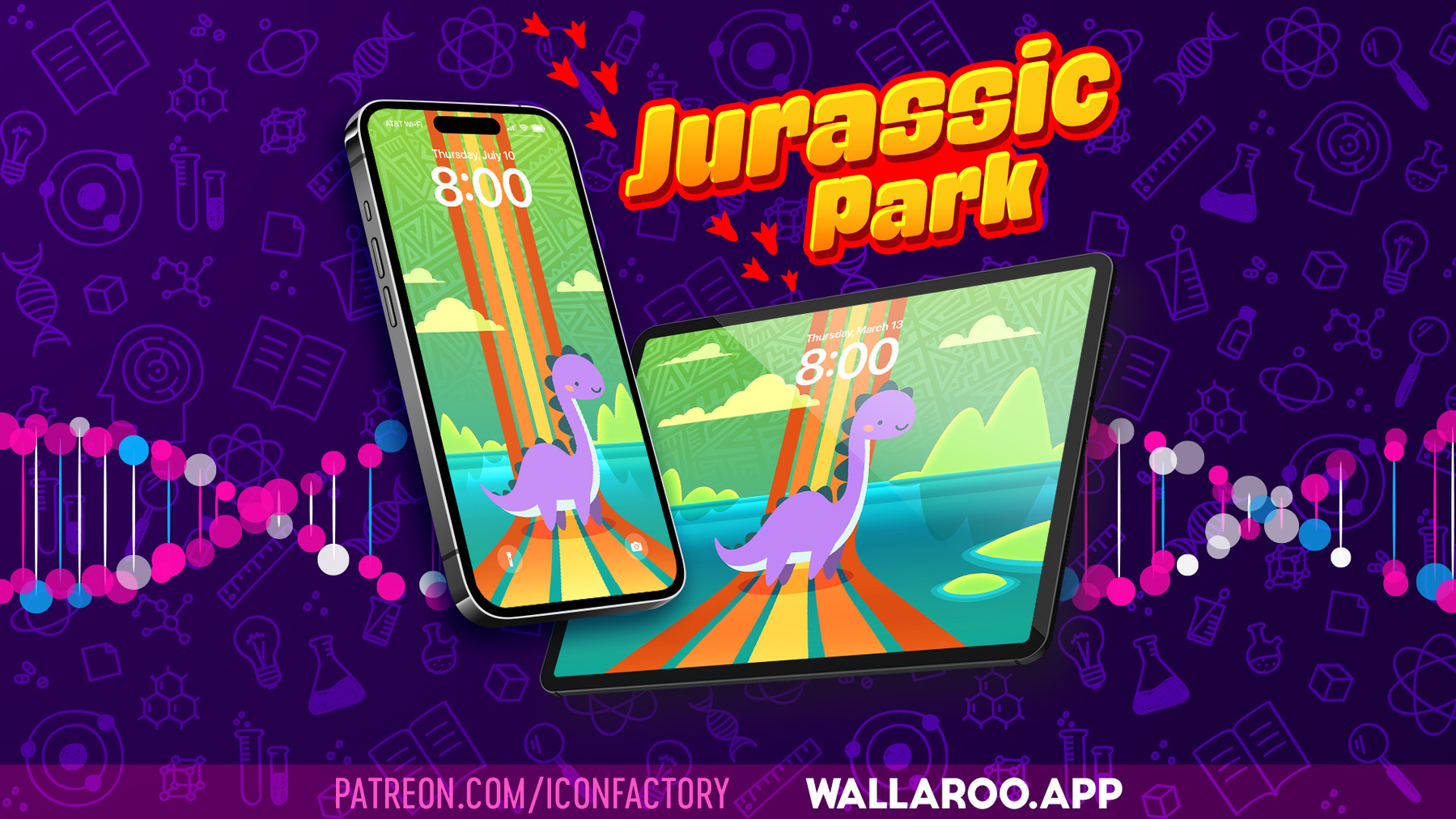 A wallpaper of a cute purple dinosaur sitting on rainbow stripes over the ocean with mountains in the background. The title reads Jurassic Park • patreon.com/iconfactory • Wallaroo.app