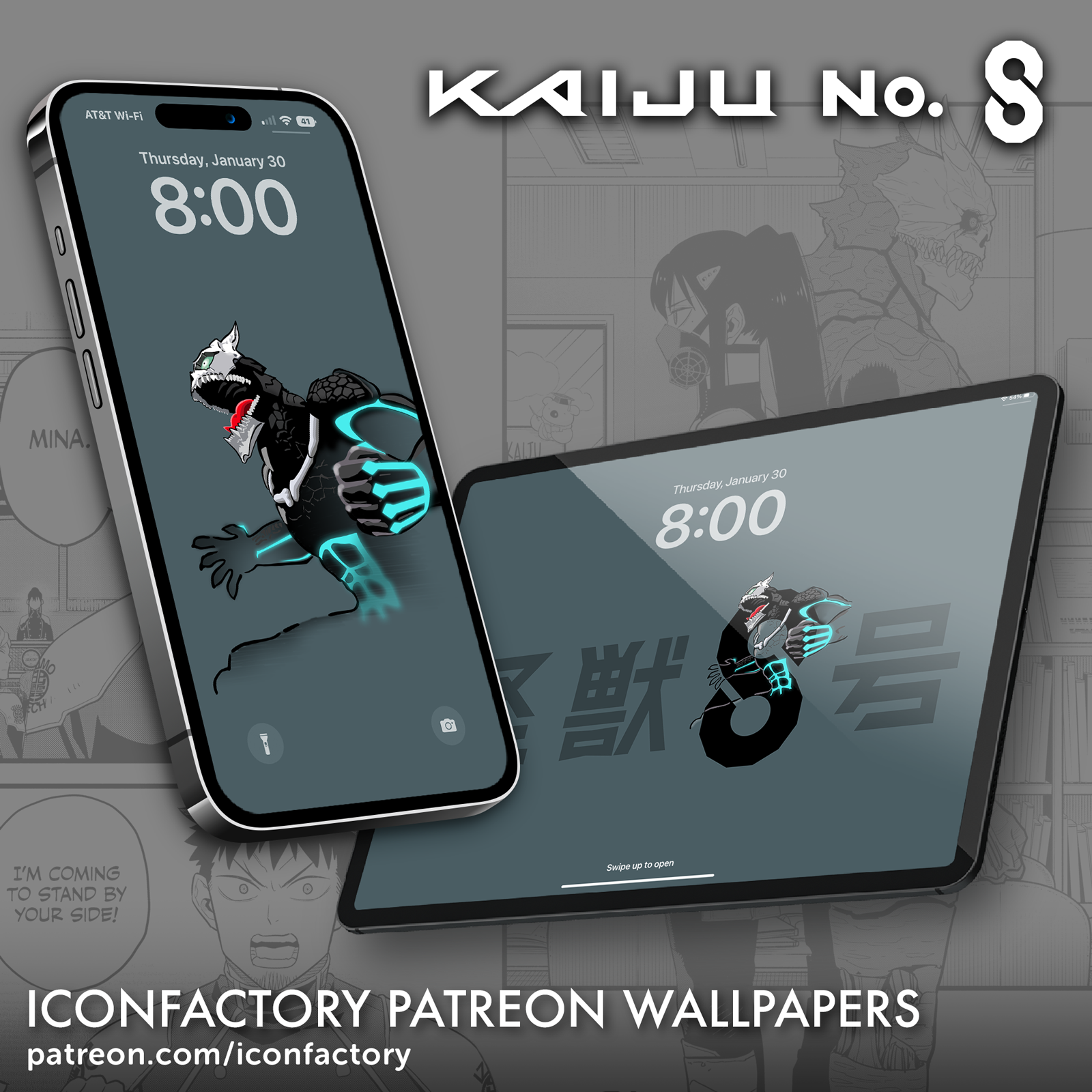 An iPhone and iPad lock screens showing a giant, black and menacing monster, glowing with power on a dark grey background. The title reads Kaiju No. 8. The caption reads patreon.com/iconfactory