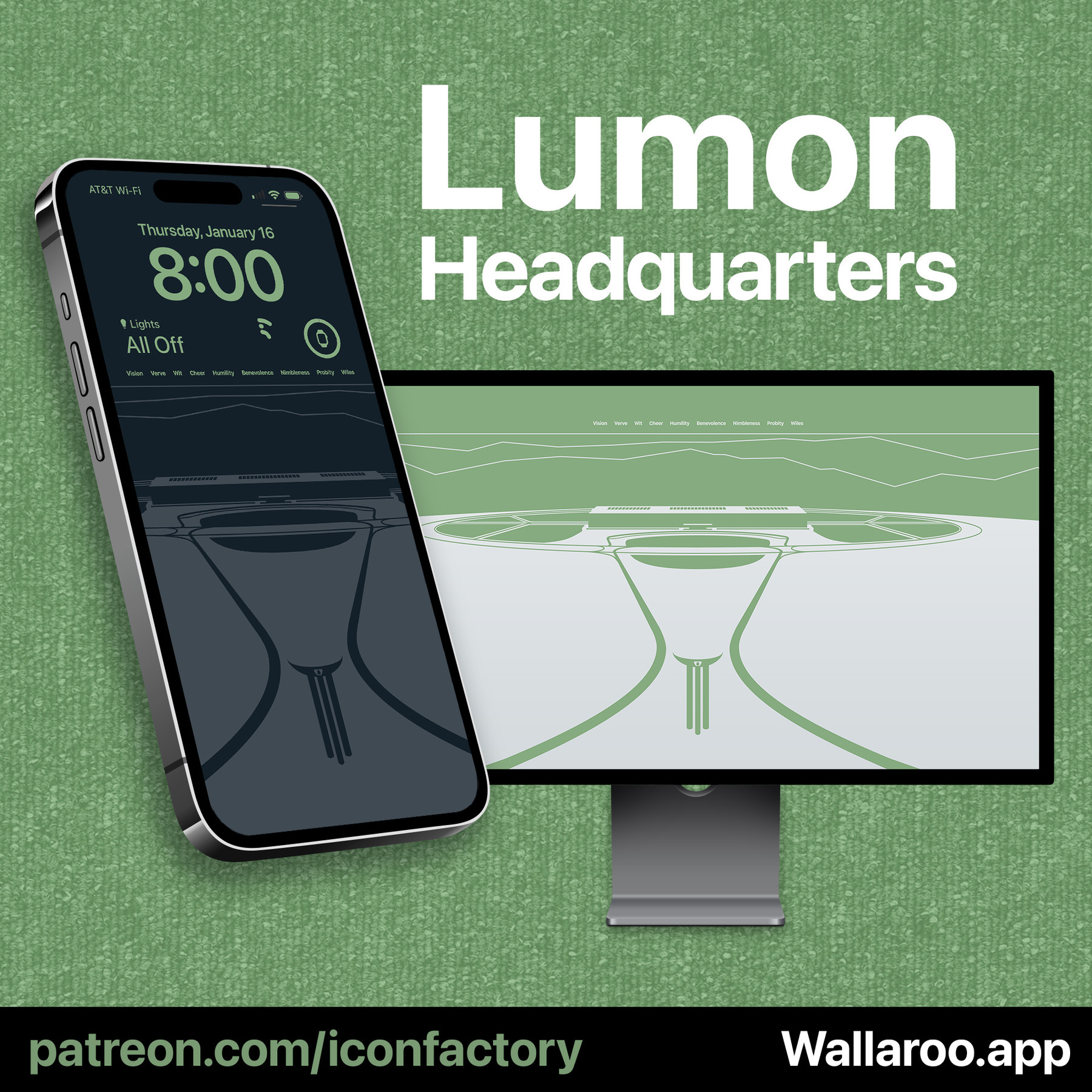 An iPhone and desktop monitor displaying a monochromatic graphic of a map of the corporate headquarters of the fiction Lumon corporation from the Apple TV series Severance. The URL reads wallaroo.app