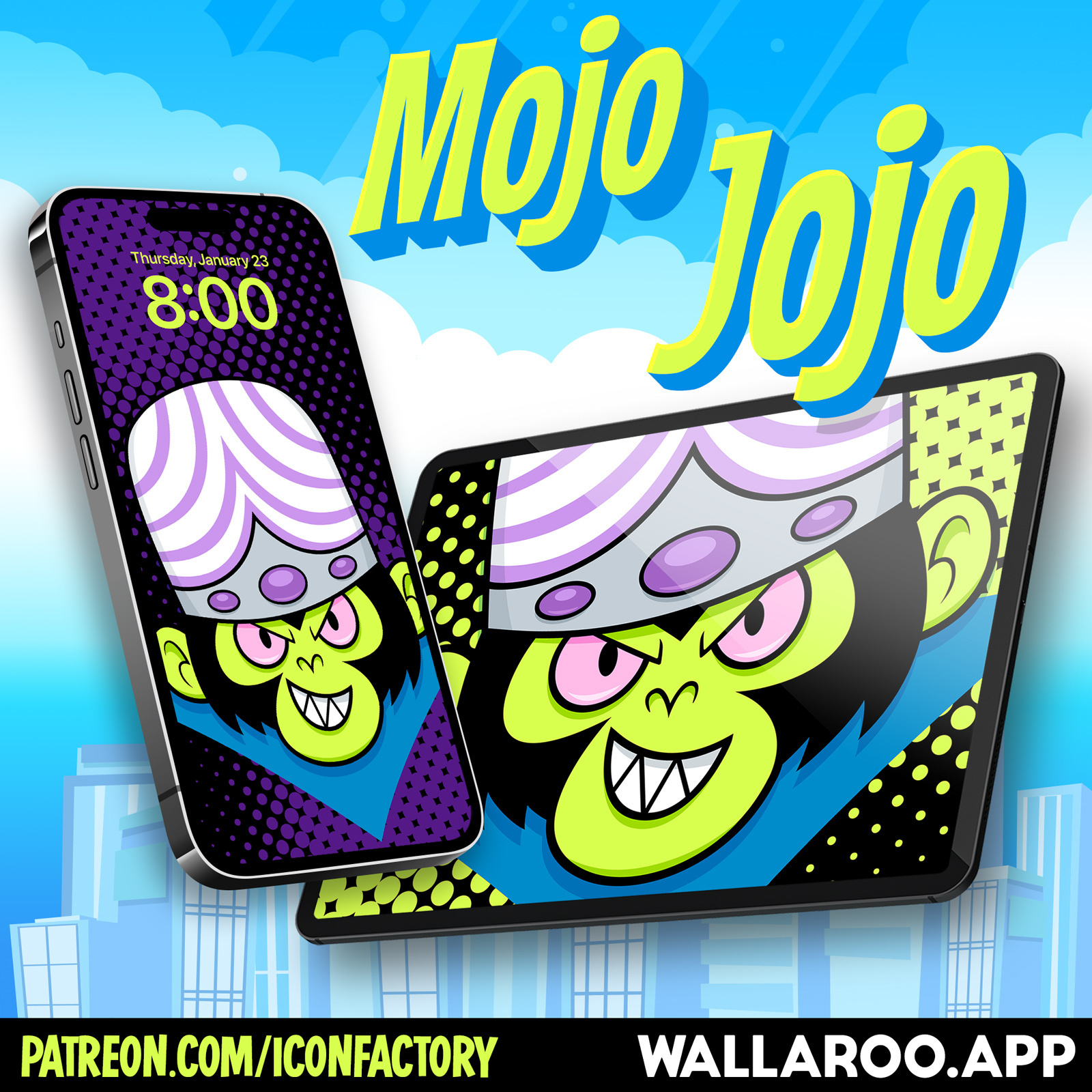 An iPhone and iPad showing a bold, graphical treatment of Mojo Jojo, the main villain from The Powerpuff Girls with an evil grin. Text caption reads: patreon.com/iconfactory • Wallaroo.app