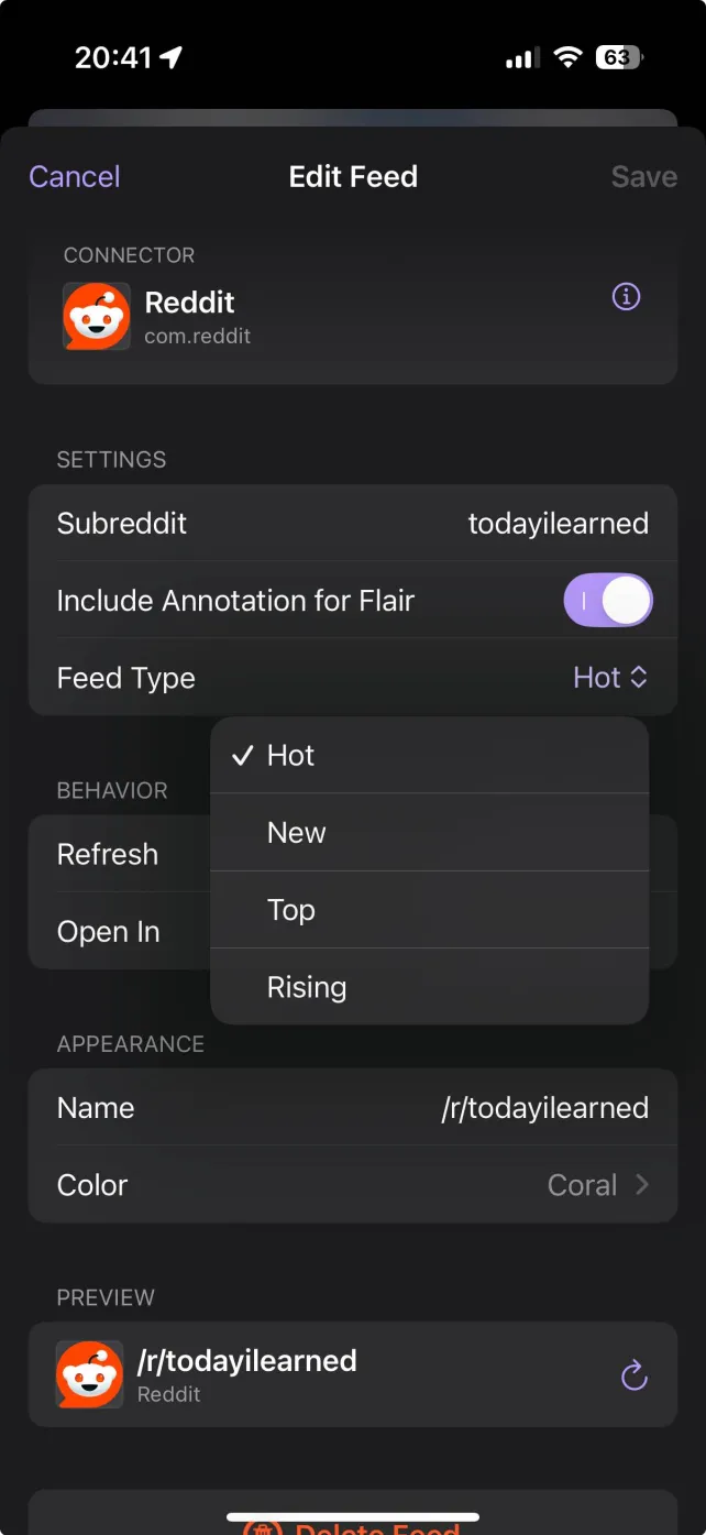 Screenshot from Tapestry showing editing a Reddit Feed with the ability to select the feed type: Hot, New, Top, Rising