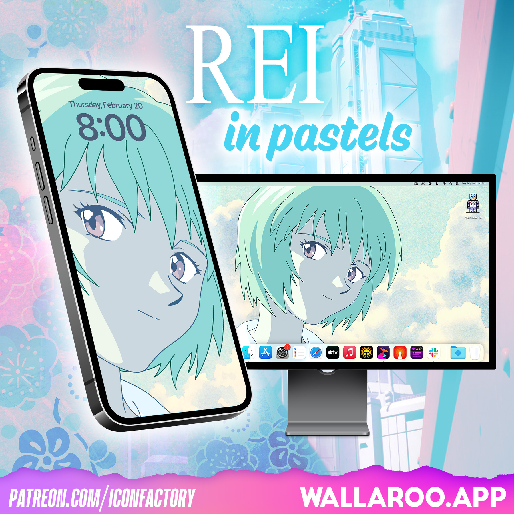 An iPhone and Mac desktop with their wallpapers showing Rei Ayanami from Evangelion depicted in light blues and pastel tones.