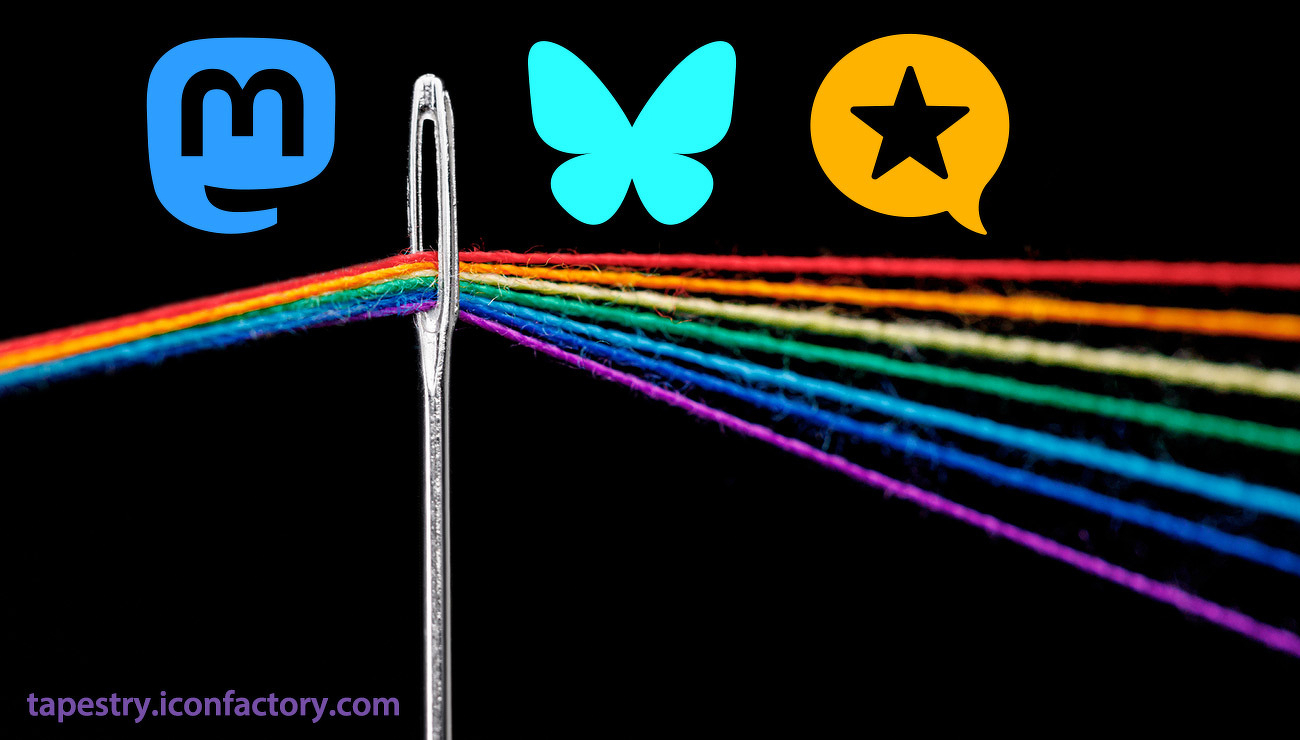 A needle passes colorful threads through its eye, with logos of Mastodon, Pixelfed, and Tapestry above.