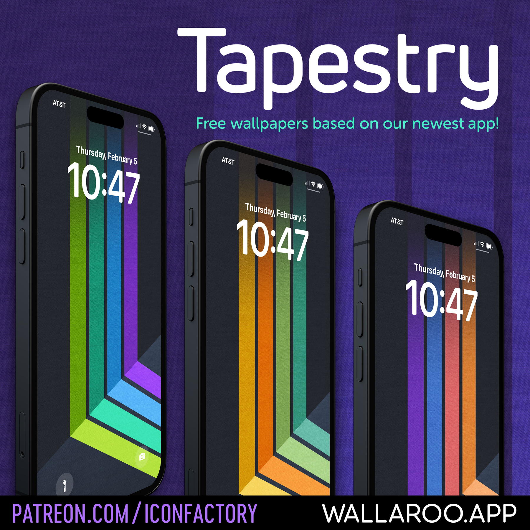 Three iPhones with their lock screens show bold, colorful vertical stripes in different color combos. The Title reads Tapestry: Free wallpapers based on our newest app!
&10;
&10;URL patreon.com/iconfactory and wallaroo.app