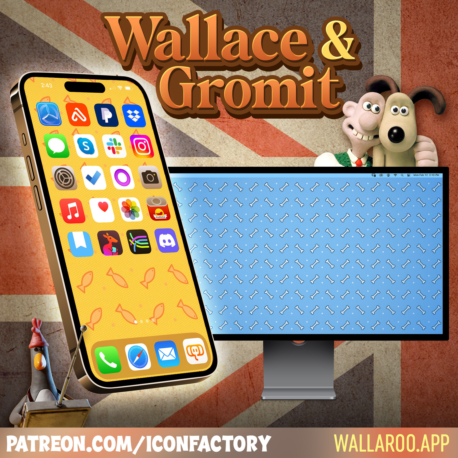 An iPhone with its Home Screen background displaying a pattern of pink fish on a yellow background and a Mac desktop with white dog bones on a blue background. The title reads Wallace & Gromit - Patreon.com/iconfactory 