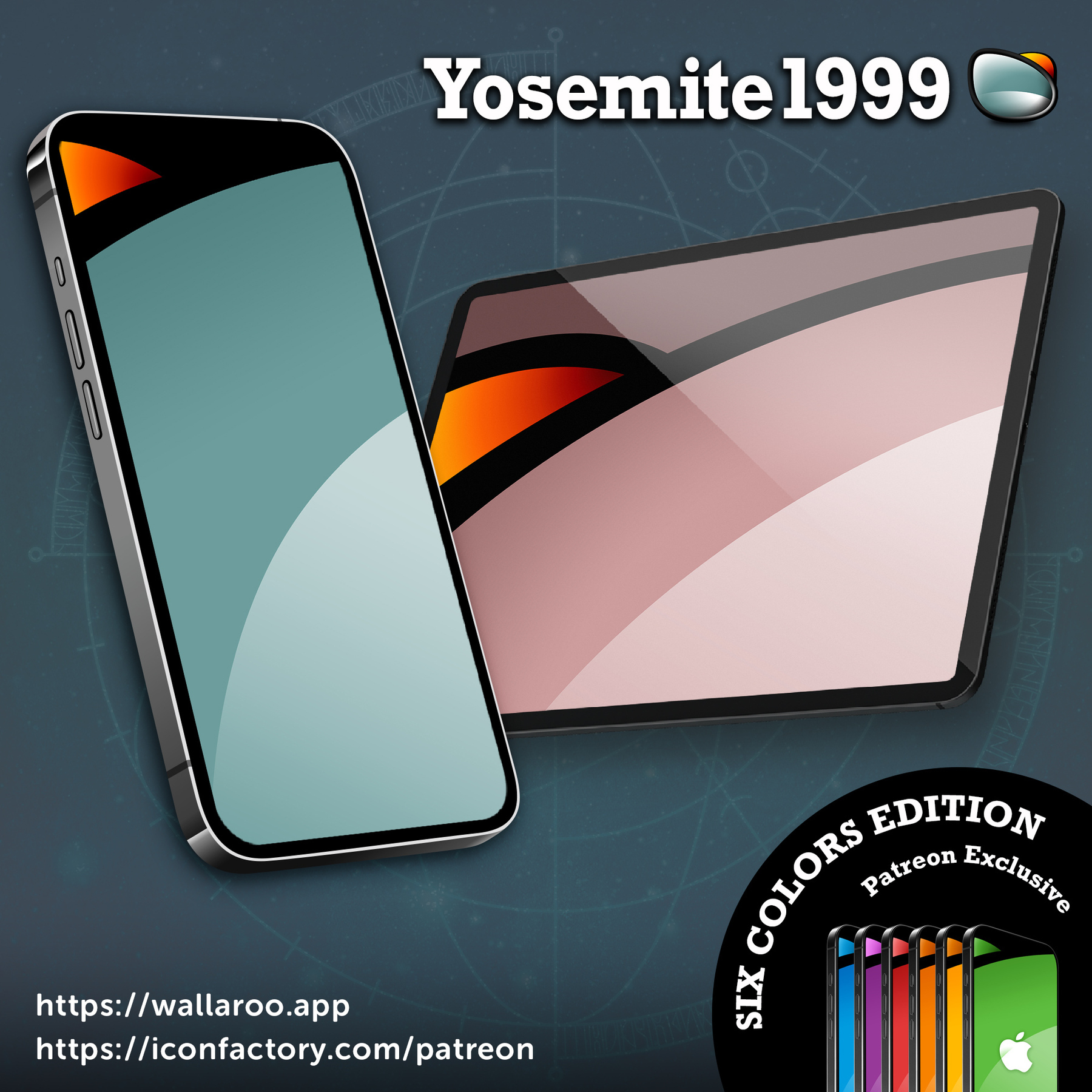 An iPhone and iPad with wallpapers of large, flowing blocks of color and swooping highlights. 
&10;
&10;The title reads: Yosemite 1999 • Wallaroo.app • patreon.com/iconfactory 