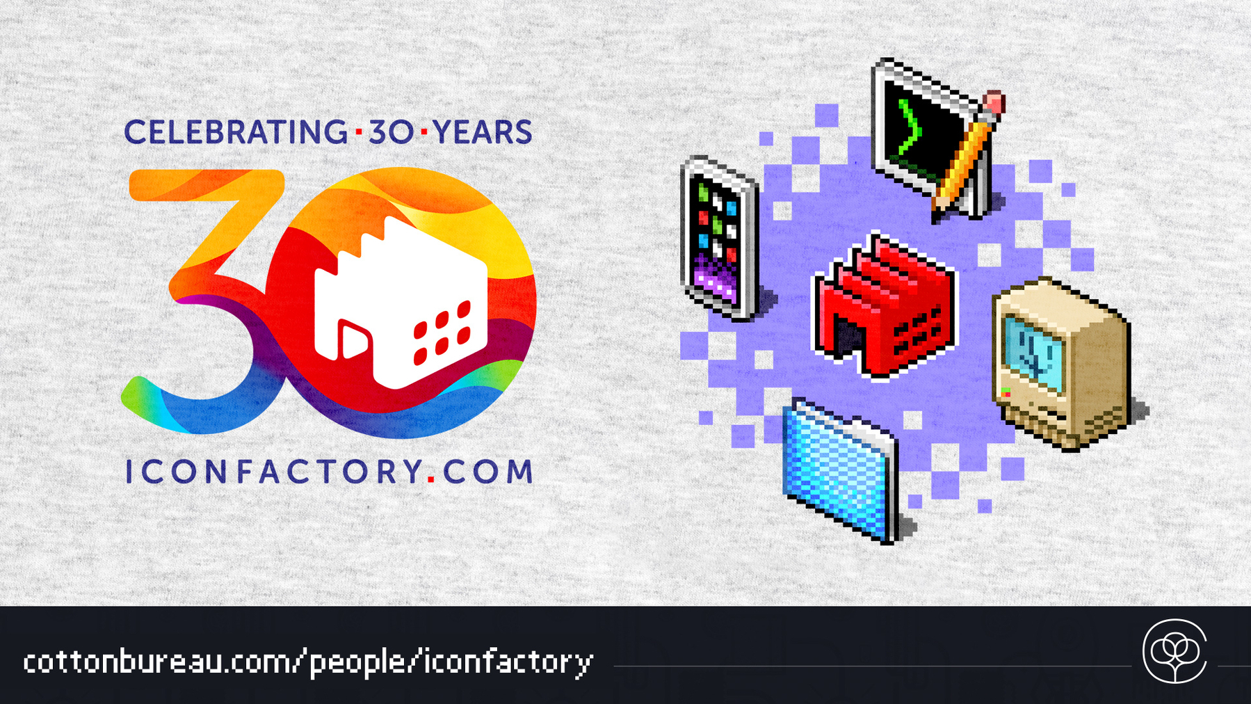 Front and back design of The Iconfactory anniversary t-shirt featuring a special 30th version of the logo on the front and a pixel-clicked collection of retro objects like a Finder folder, Mac classic and iPhone on the back.
