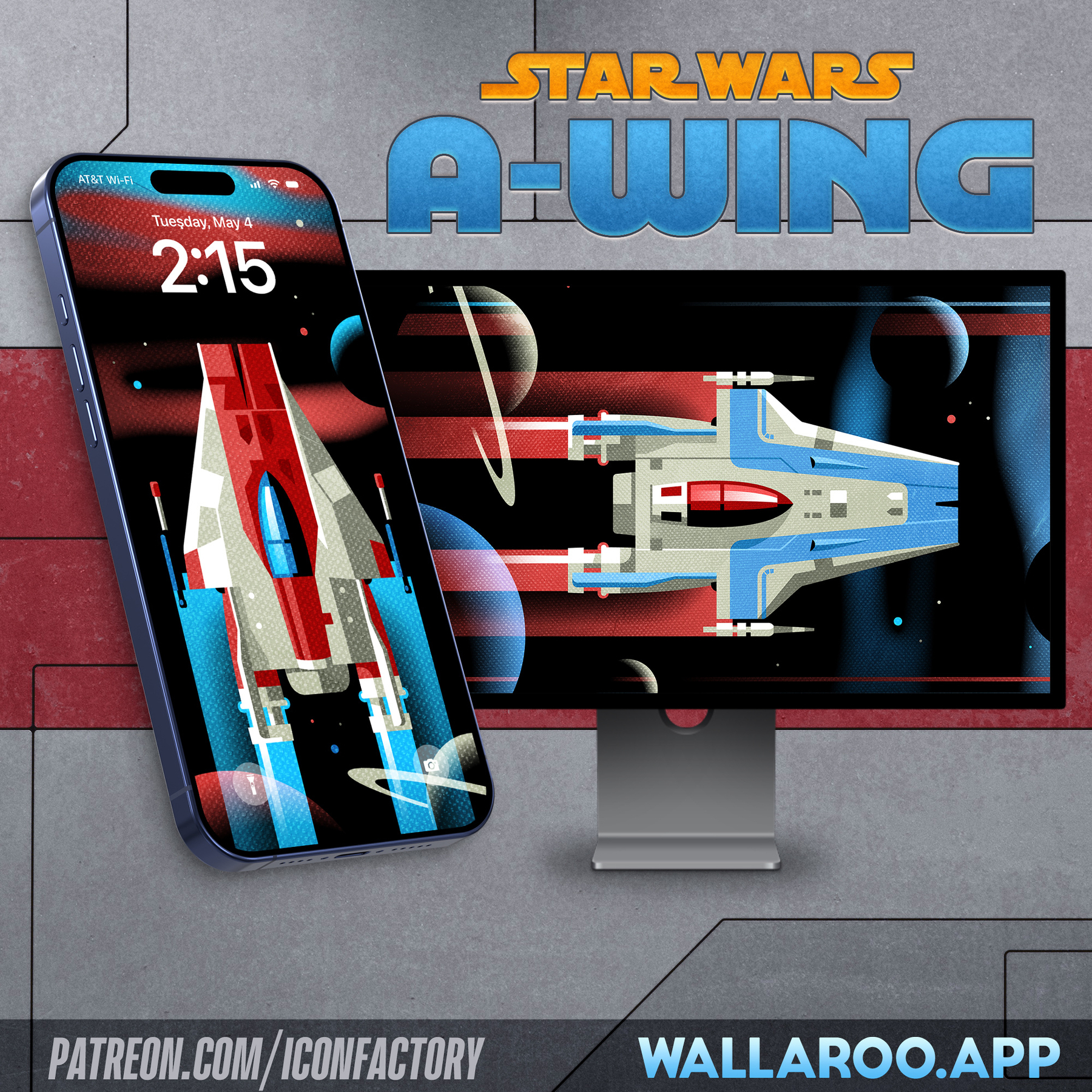 A phone and monitor display digital artwork of a Star Wars A-Wing spaceship set against a space-themed background. Text reads patreon.com/iconfactory • Wallaroo.app