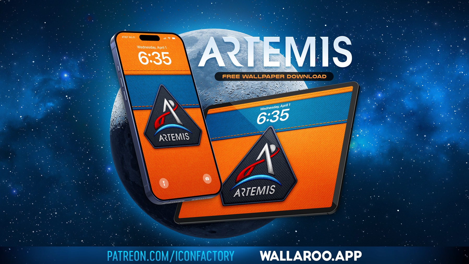 Mobile and tablet screens display an Artemis-themed wallpaper against a backdrop of a planet in space, with promotional text for a free download and app.