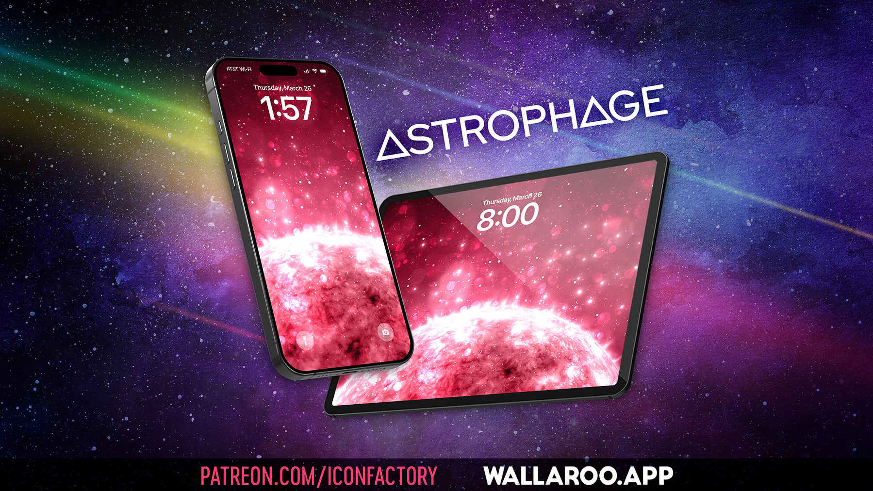 A smartphone and a tablet display a vibrant pink cosmic-themed close up of a star wallpaper featuring the word Astrophage against a starry background. patreon.com/iconfactory • Wallaroo.app