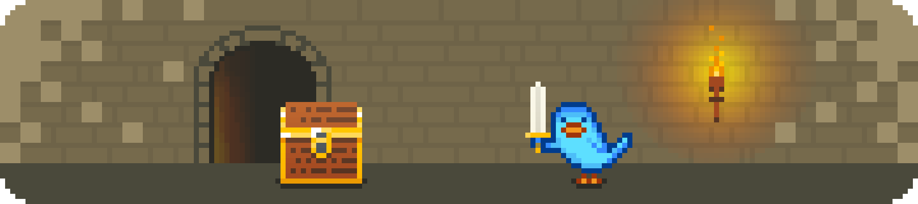 A pixel art scene features a bird holding a sword facing a treasure chest in a dungeon with a lit torch on the wall.