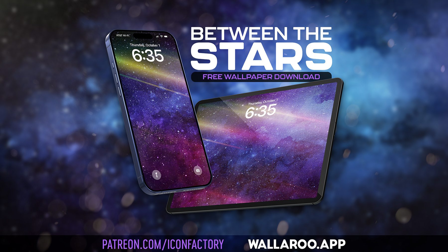 An iPhone and iPad with lock screens display a rich, deep blue and purple space scene with streaks of auroras running across it. Title - Between the Stars • patreon.com/iconfactory • Wallaroo.app