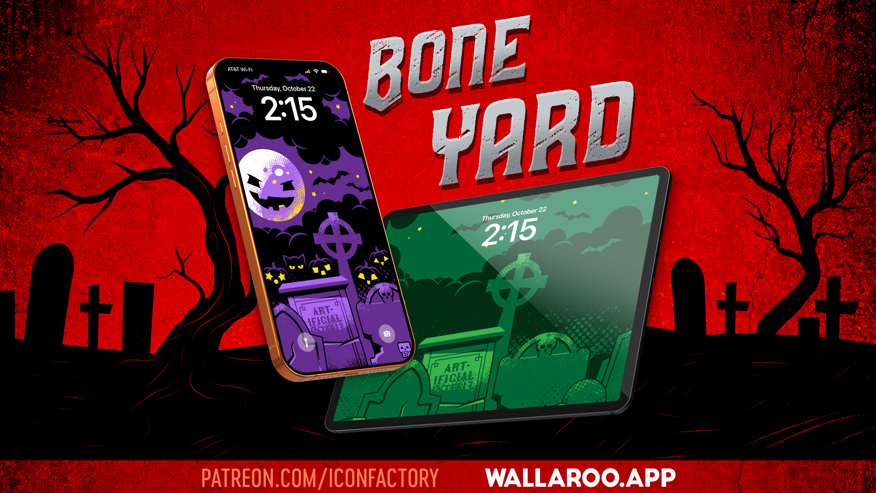 An iPhone and iPad with a graphical wallpaper of a graveyard in bold colors. Lots of eyes are peering towards the viewer from the darkness and an evil moon smiles from the cloudy sky. Boneyard - patreon.com/iconfactory • wallaroo.app