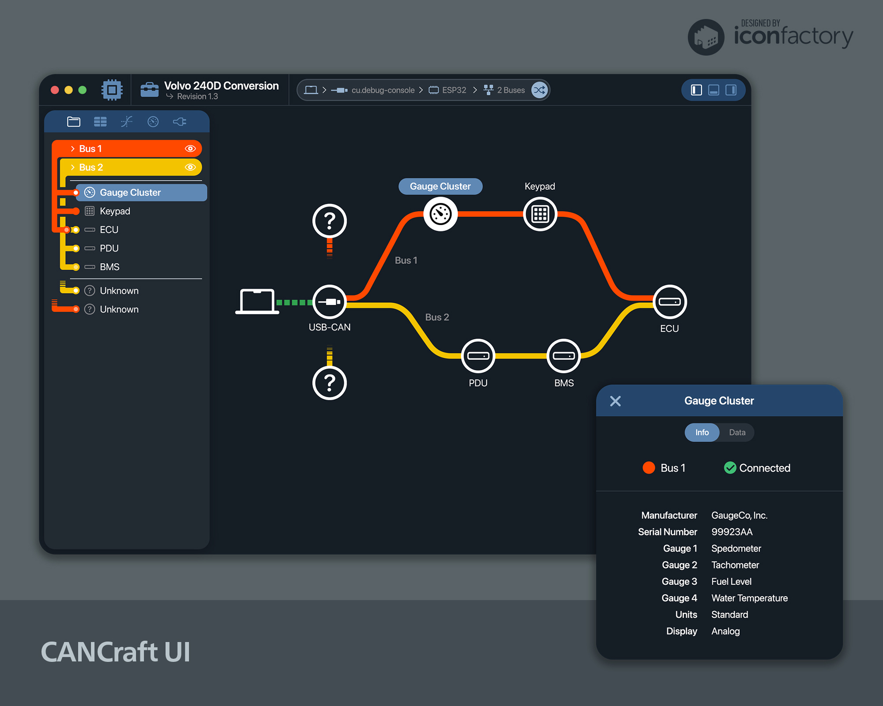 A macOS software interface displays a vehicle's component network diagram in dark mode with a focus on a gauge cluster and its connection status.