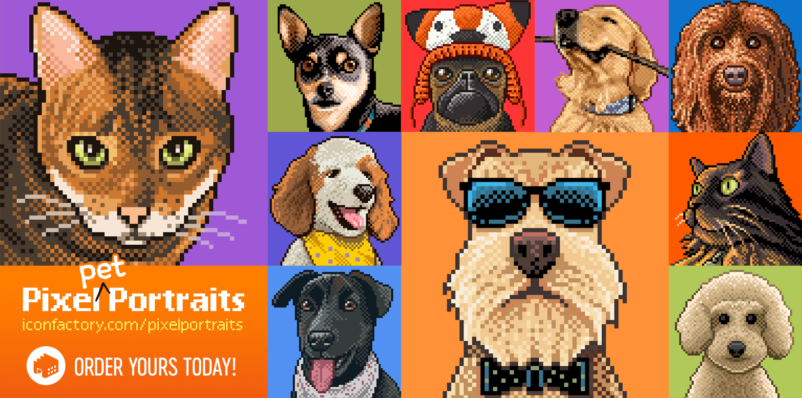 A collage of pixelated portraits features various pets, including cats and dogs, in playful and colorful styles. Text reads Pixel Pet Portraits • Iconfactory.com/pixelportraits • Order yours today