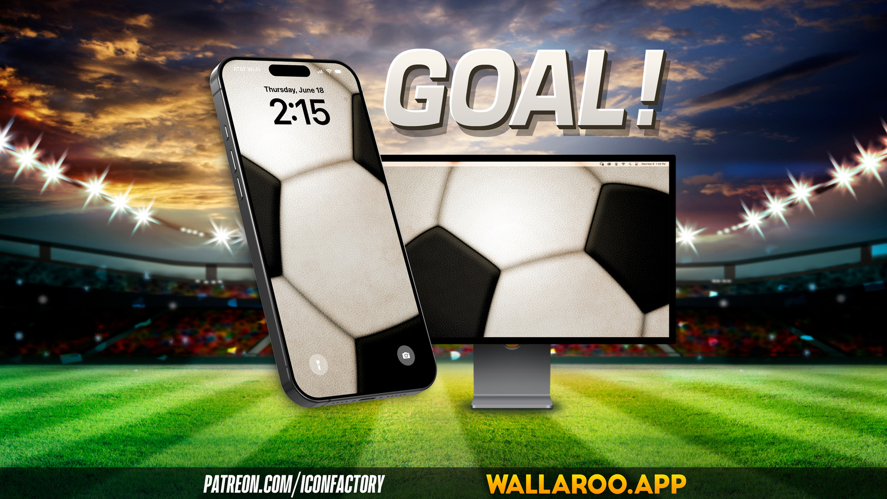 A smartphone and a computer monitor both display a soccer ball pattern with the word GOAL! above them, set against a brightly lit stadium background. Patreon.com/iconfactory • wallaroo.app