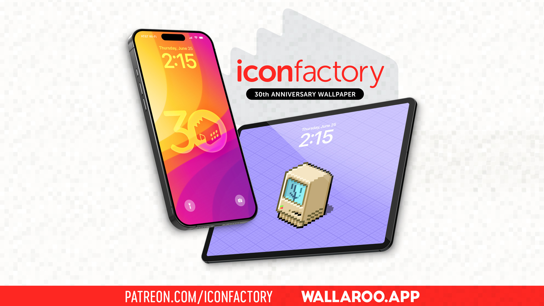 An iPhone sporting a brightly colored wallpaper with warm stripes and The Iconfactory 30th anniversary logo at the center and an iPad showing an old school, pixel-clicked Macintosh with a smiley face • Iconfactory 30th Anniversary Wallpaper • patreon.com/iconfactory • Wallaroo.app