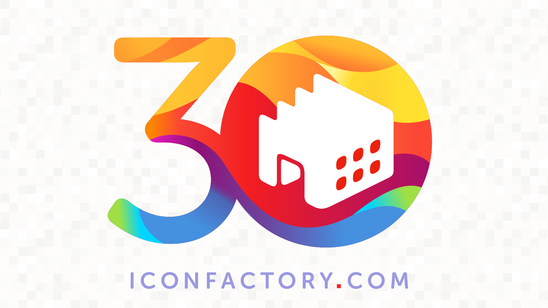 A colorful 30th anniversary logo featuring the number 30 with a factory icon inside the zero and the text ICONFACTORY.COM beneath.