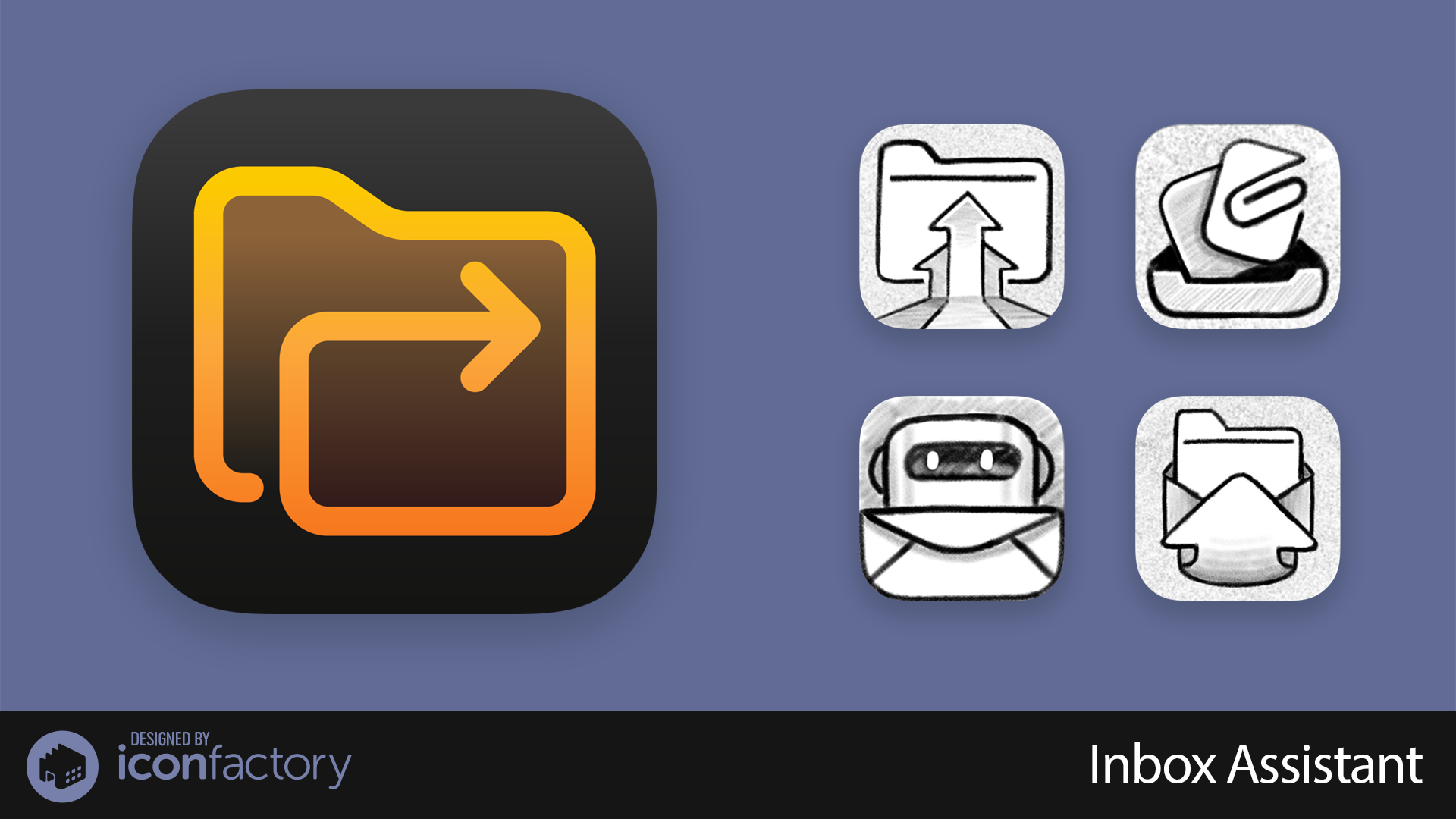An app icon with a nested arrow and folder design is displayed alongside four rough concept sketches app icons with various letter and envelope motifs. Design by Iconfactory • InBox Assistant