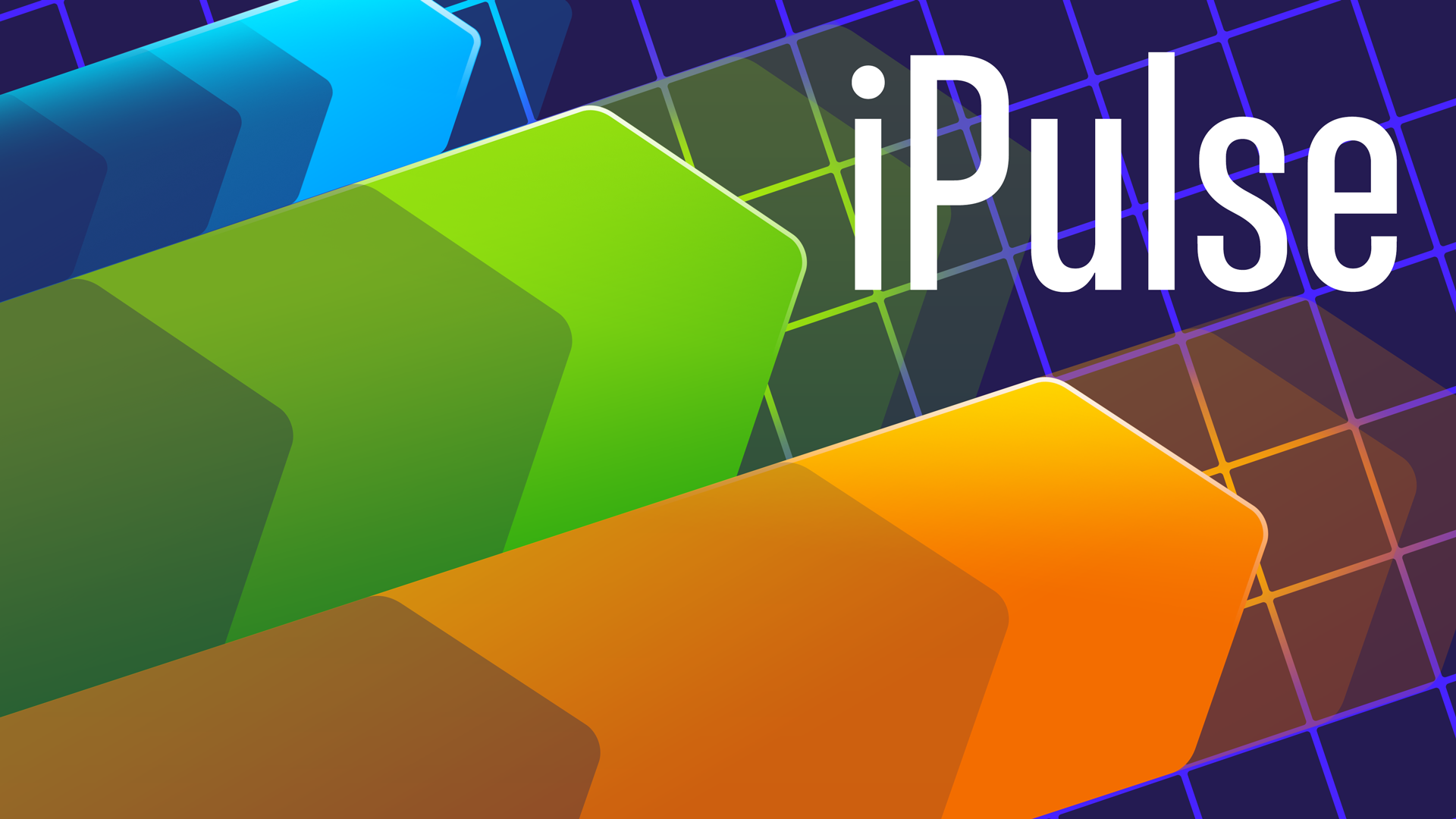 Promotional graphic for iPulse for iOS and macOS showing several colored arrows increasing up and to the right, pointing at the text "iPulse" on a technical grid background.