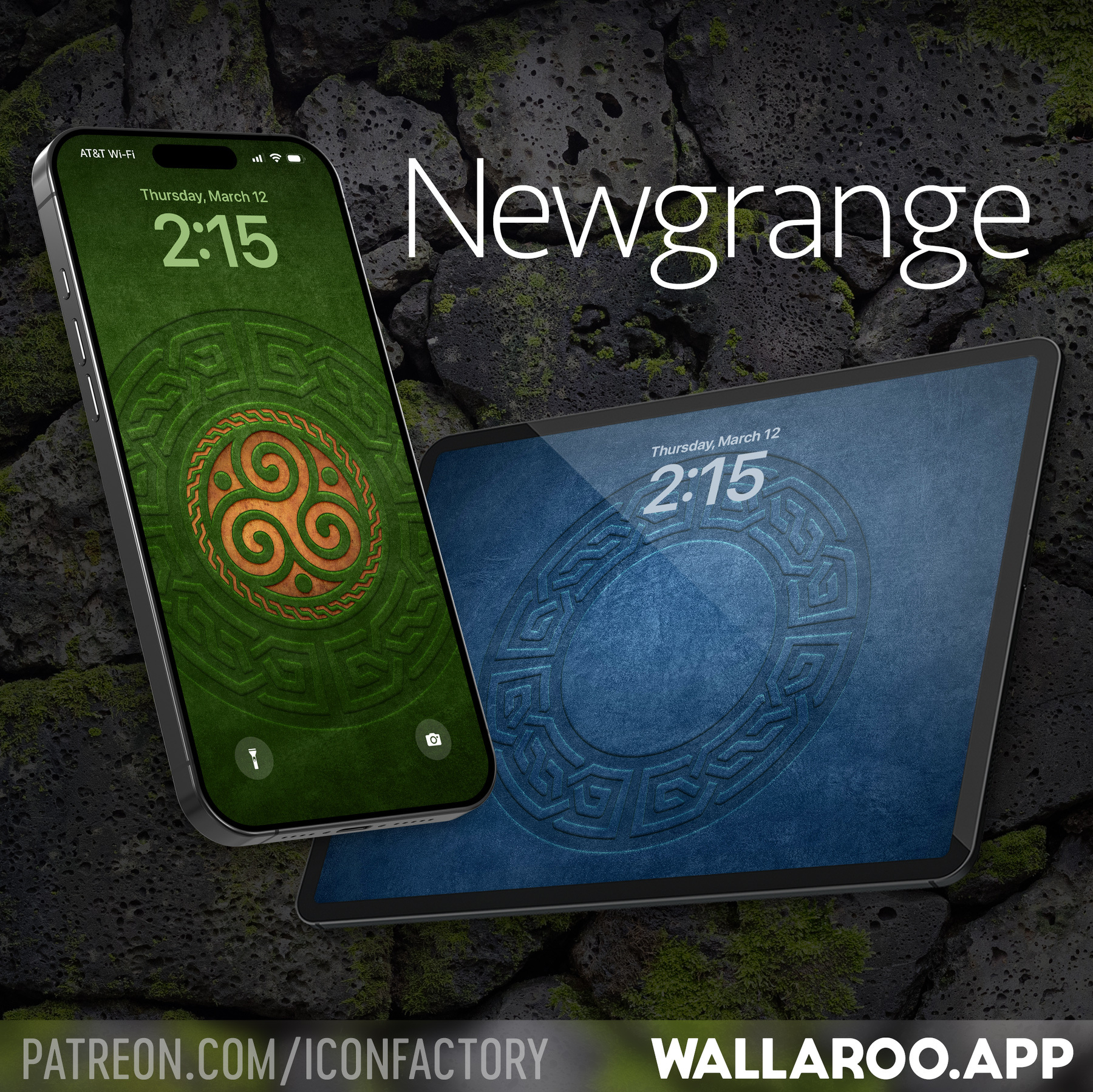An iPhone and iPad with lock screens displaying a circular Celtic motif set in green and blue leather and textured stone. Text reads - Newgrage • Patreon.com/iconfactory • Wallaroo.app