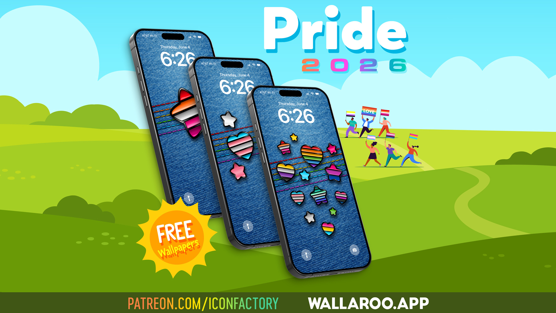 Three iPhones display vibrant LGBTQ+ pride-themed wallpapers featuring various enamel heart and star pins each sporting the flag colors of Pride against a backdrop of a colorful landscape with running figures, promoting Wallaroo.App and patreon.com/iconfactory