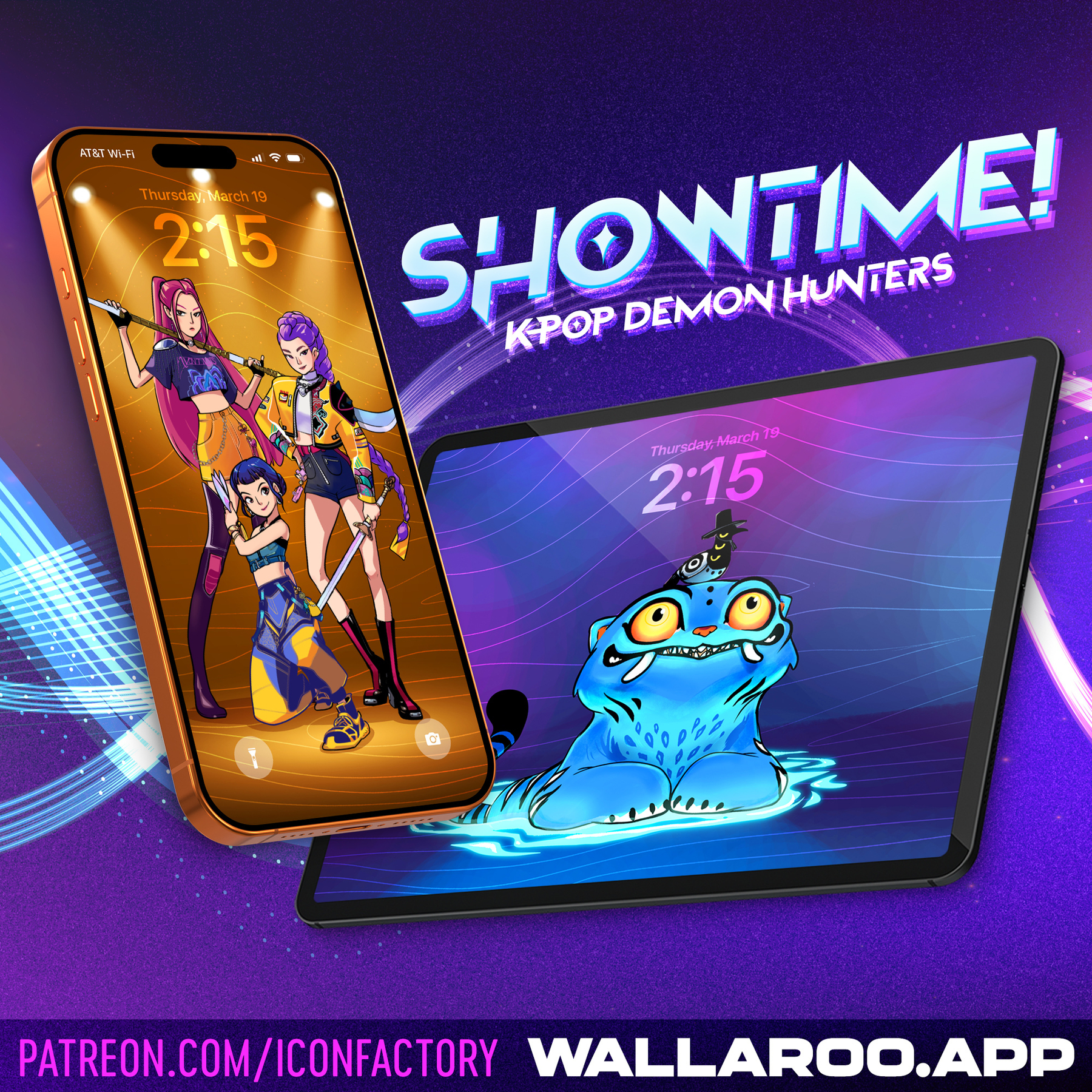 Two digital devices display colorful illustrations of K-pop demon hunters and a blue creature, set against a vibrant purple background with promotional text for SHOWTIME! KPOP DEMON HUNTERS plus Patreon.com/iconfactory • Wallaroo.app