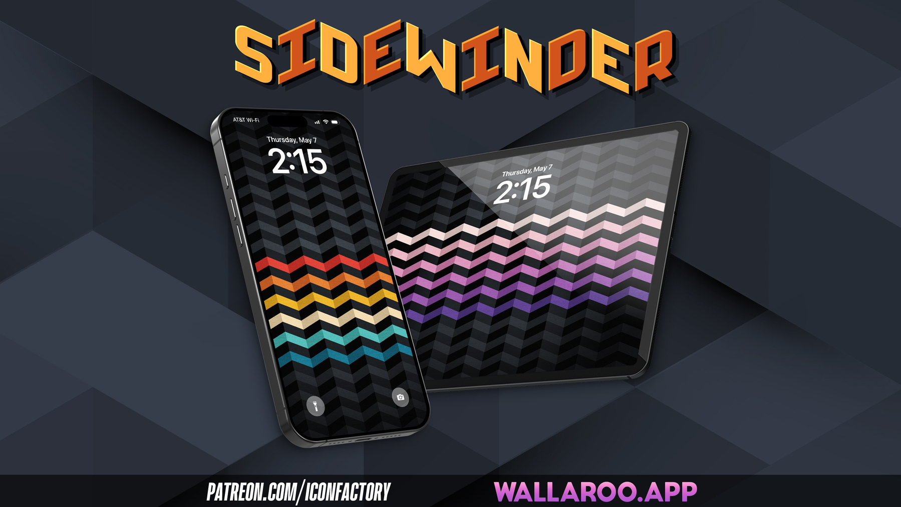 Smartphone and tablet with zigzag pattern wallpapers are displayed alongside the text SIDEWINDER and two website addresses.