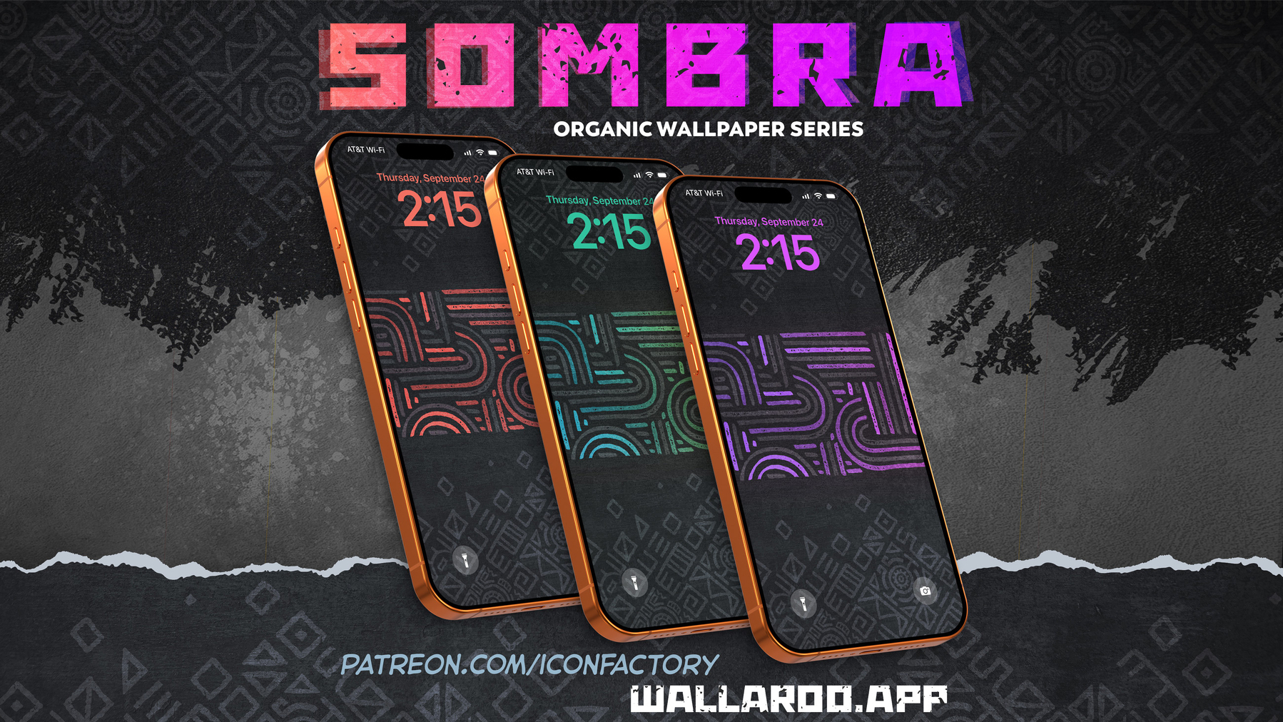 Three iPhones with lock screens displaying dark wallpapers each decorated with brightly colored repeating patterns in reds, teals and purples. Sombra • Organic wallpaper series • patreon.com/iconfactory • wallaroo.app