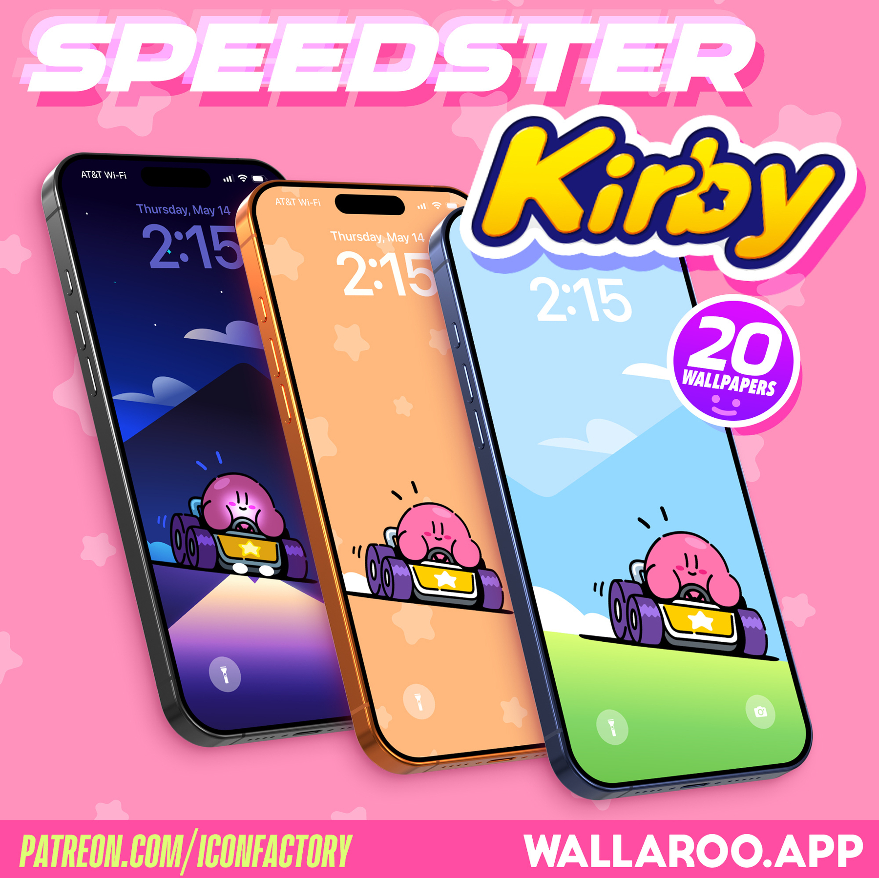 Colorful phone wallpapers featuring Kirby driving a star-themed car are displayed on three smartphone screens against a pink promotional background.