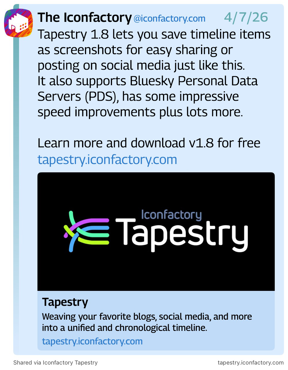 Tapestry 1.8 lets you save timeline items as screenshots for easy sharing or posting on social media just like this. It also supports Bluesky Personal Data Servers (PDS), has some impressive speed improvements plus lots more. Learn more and download v1.8 for free