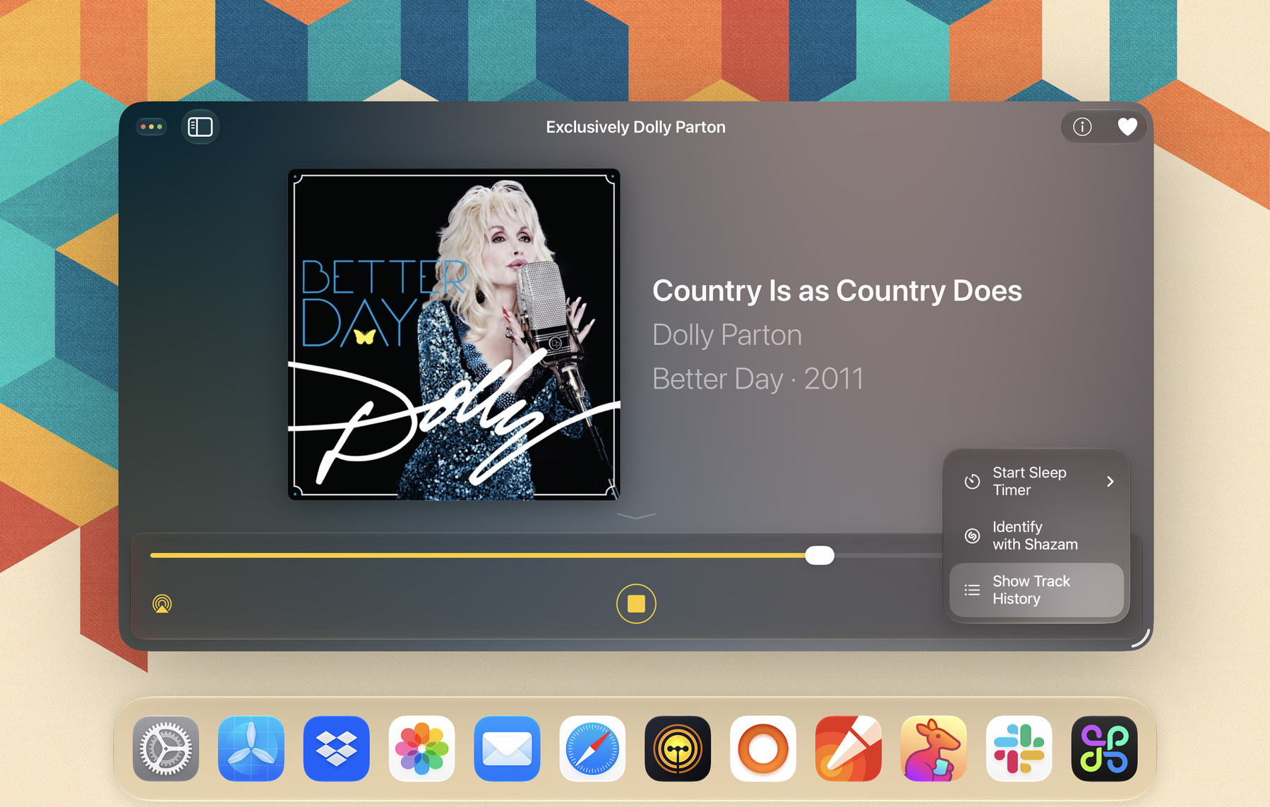 A screenshot of Triode on the iPad is displaying the song Country Is as Country Does by Dolly Parton from the 2011 album Better Day.